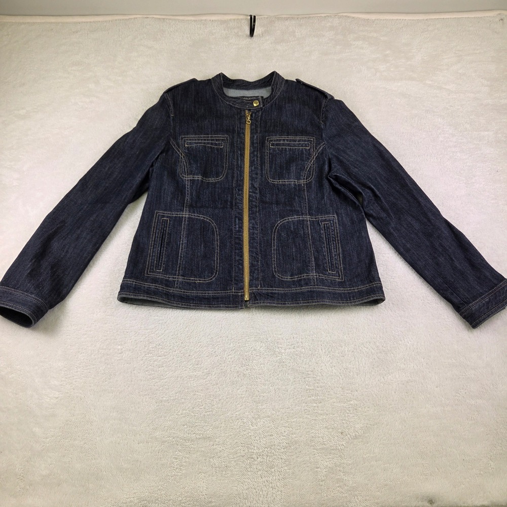 Kasper Womens Dark Wash Denim Jacket Gold Zip Collarless Utility Blue Size 16
